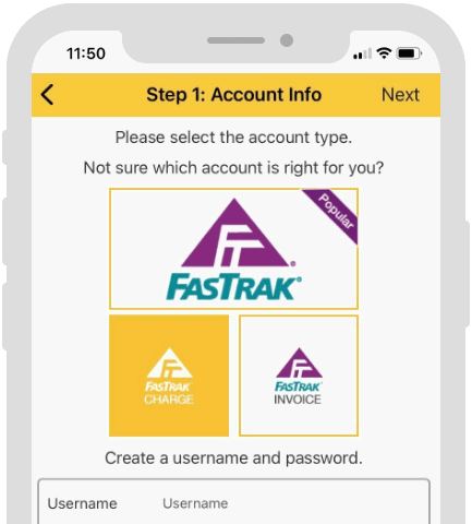 Example screenshot from The Toll Roads mobile app that shows an account information prompt asking for username and password