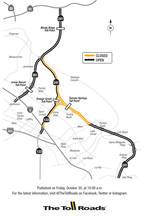 Map of The Toll Roads closures due to the Santiago fire