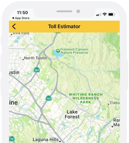 Toll Roads app screenshot showing the toll estimator screen