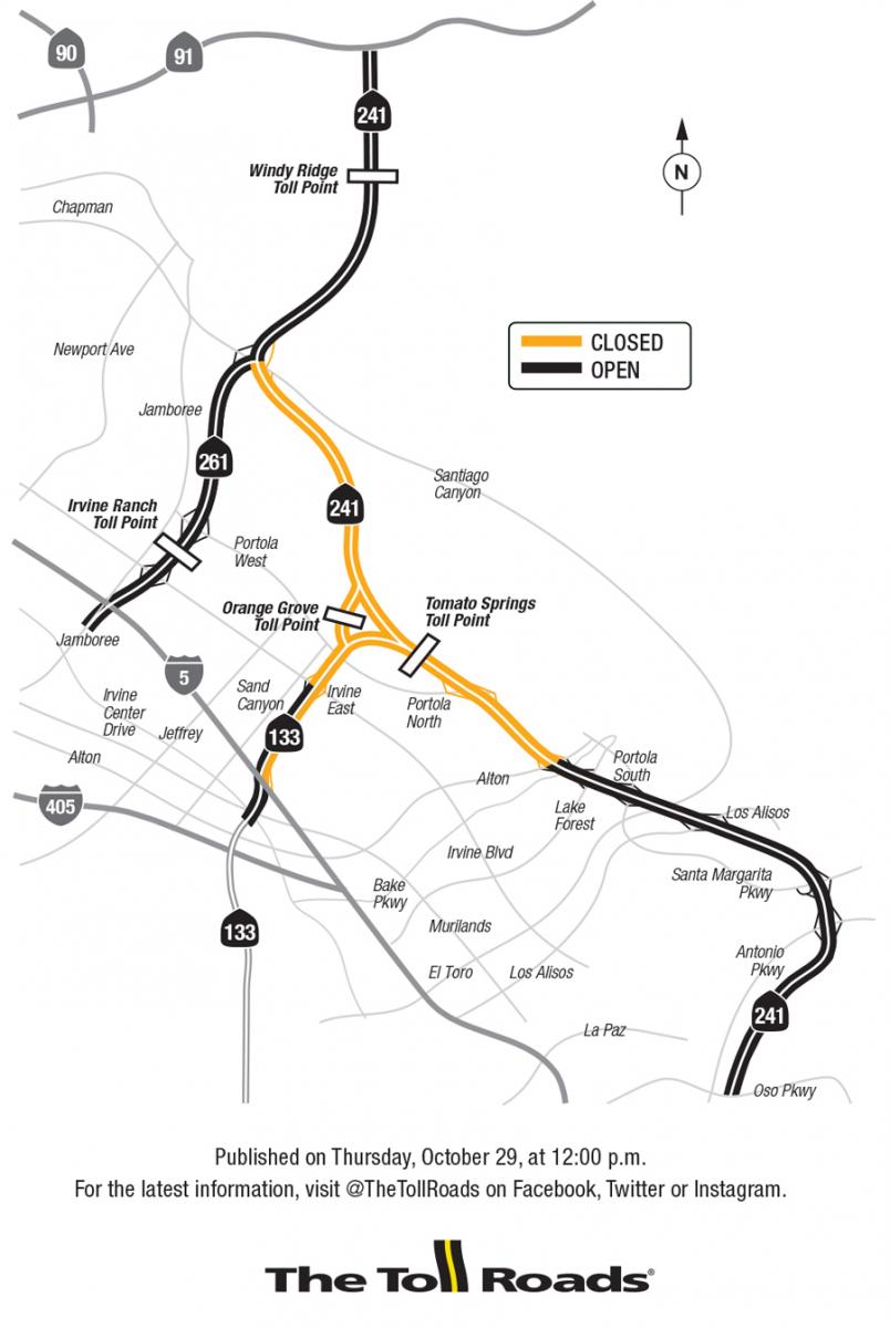 Map of closures on The Toll Roads due to the Santiago fire